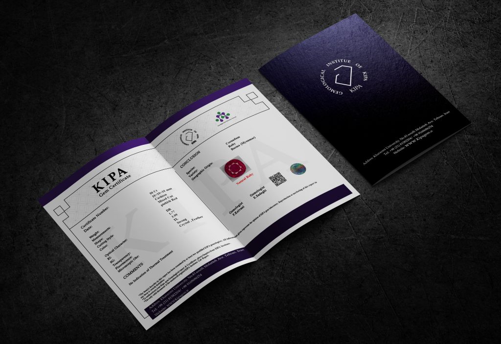 ( kian pars)kipa gemology institution- نمونه شناسنامه سنگ قیمتی
